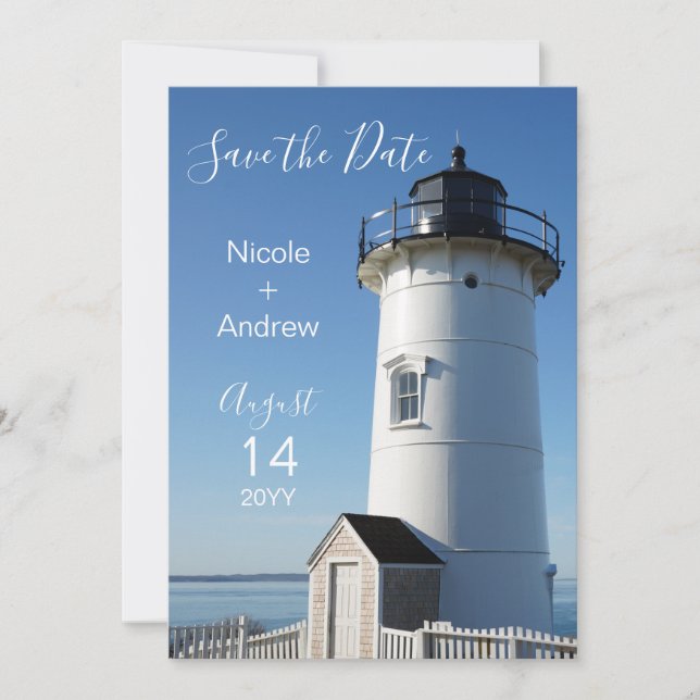 Elegant Coastal Blue Lighthouse Save The Date (Front)