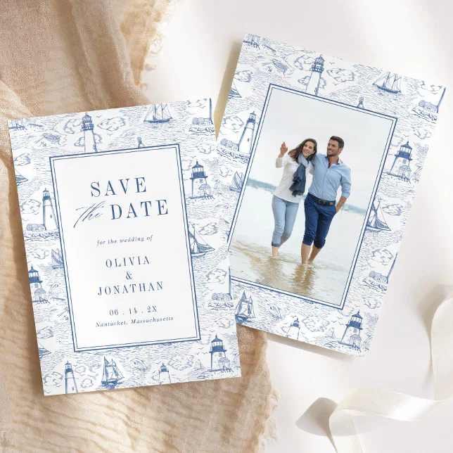 Elegant Coastal Blue Toile Wedding Photo Save The Date | Zazzle