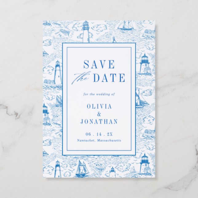 Elegant Coastal Blue Toile Wedding Save the Date Letterpress Photo Cards (Front)