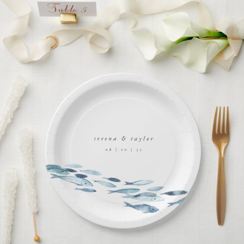 Elegant Coastal Blue Watercolor Fish Wedding Paper Plates