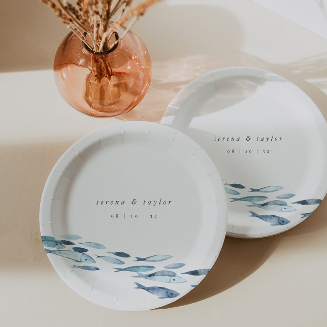 Elegant Coastal Blue Watercolor Fish Wedding Paper Plates (Creator Uploaded)