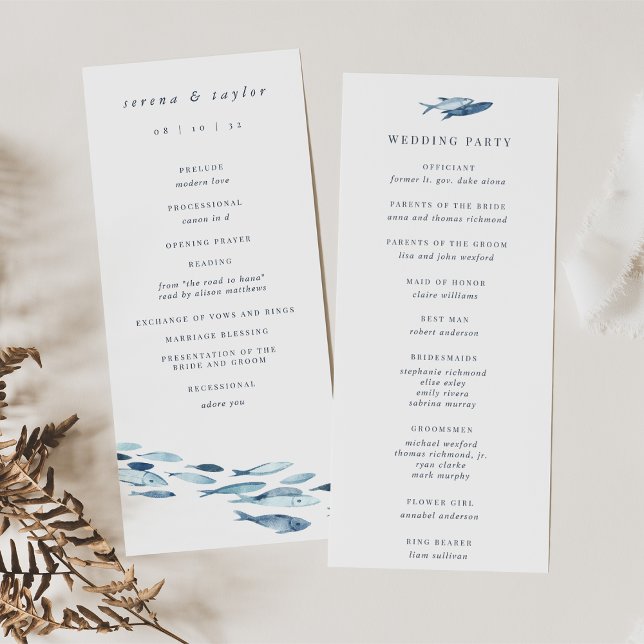 Elegant Coastal Blue Watercolor Fish Wedding Program (Creator Uploaded)