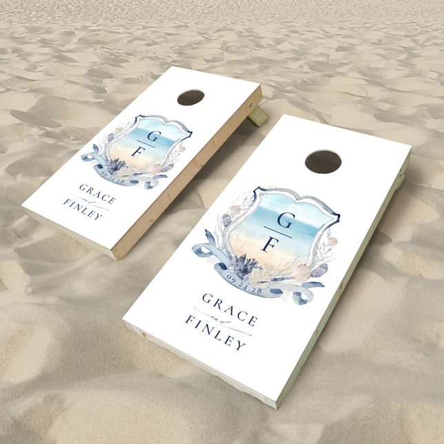Elegant Coastal Chic Beach Monogram Crest Wedding Cornhole Set (Creator Uploaded)