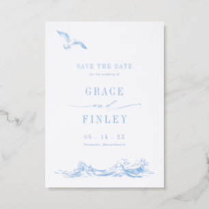 Elegant Coastal Chic Blue Wedding Save the Date Letterpress Photo Cards