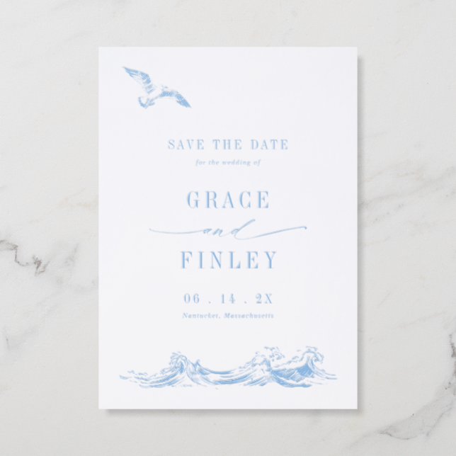 Elegant Coastal Chic Blue Wedding Save the Date Letterpress Photo Cards (Front)