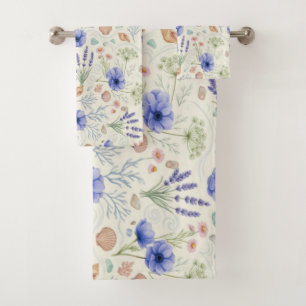 Elegant Coastal Floral Lavender & Seashells Summer Bath Towel Set