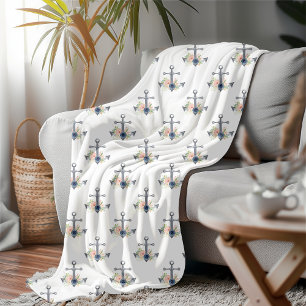 Elegant Coastal Floral Nautical Anchors Fleece Blanket