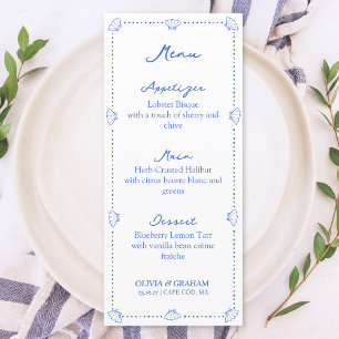 Elegant Coastal Hand Drawn Seashell Blue Wedding Menu