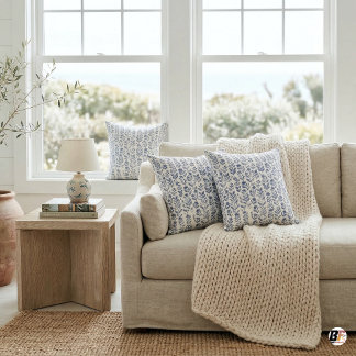 Elegant Coastal Indigo Blue Block Print Floral Vin Throw Pillow