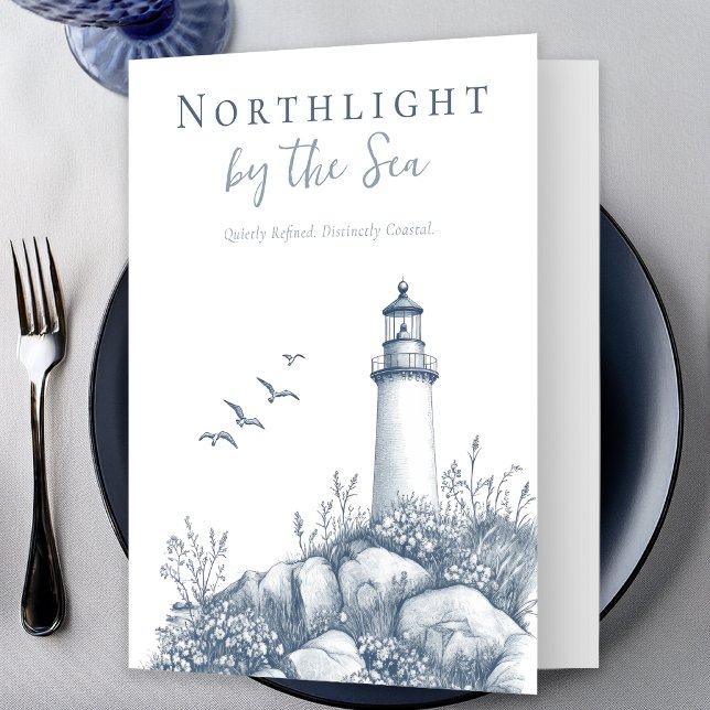Elegant Coastal Lighthouse Restaurant Menu Blue (Elegant coastal bi-fold menu on durable synthetic stock with blue toile design - Front View)