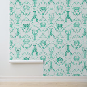 Elegant Coastal Lobster and Crabs in Mint Green Wallpaper