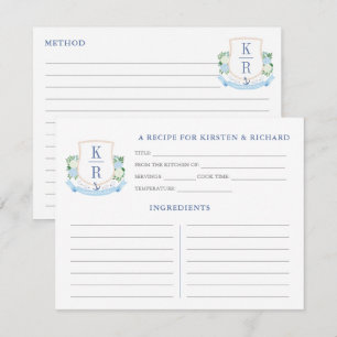 Elegant Coastal Monogram Bridal Shower Recipe Card