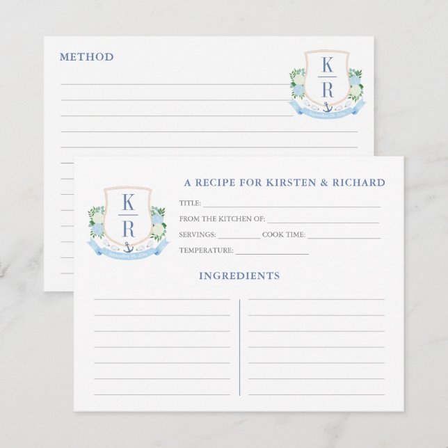 Elegant Coastal Monogram Bridal Shower Recipe Card (Front/Back)