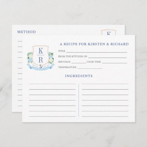 Elegant Coastal Monogram Bridal Shower Recipe Card