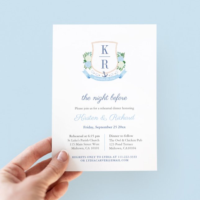 Elegant Coastal Monogram Rehearsal Dinner Invitation (This elegant coastal-inspired rehearsal dinner invitation features a hand painted watercolor crest)