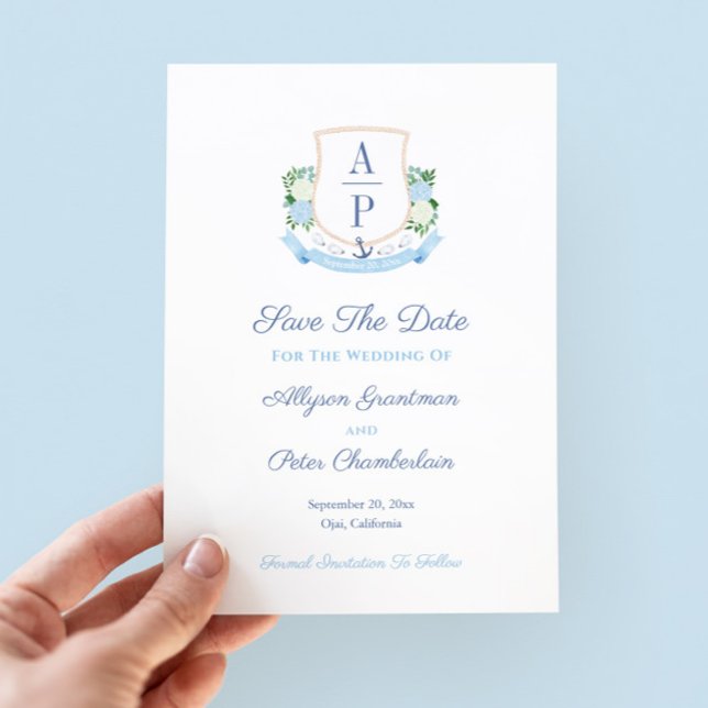 Elegant Coastal Monogram Wedding Save The Date (Elegant coastal theme save the date with hand painted watercolor couples monogram)