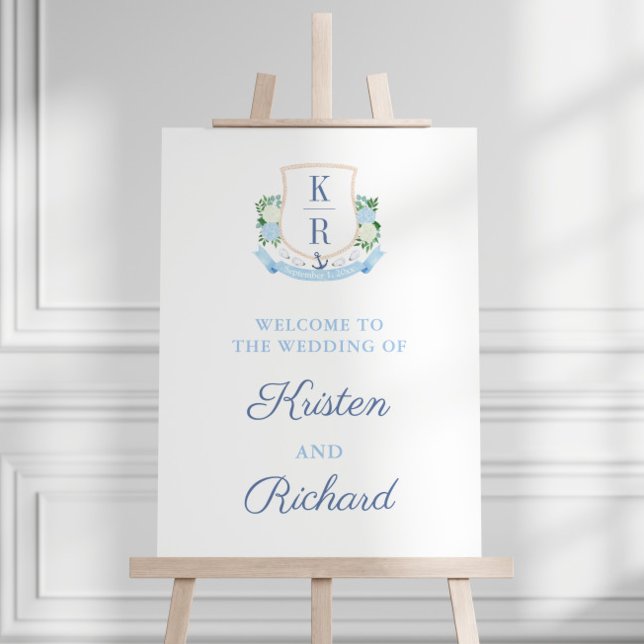 Elegant Coastal Monogram Wedding Welcome Sign (Elegant hand painted watercolor coastal monogram crest wedding welcome sign)