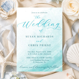 Elegant Coastal Ocean Beach Teal Blue Wedding Invitation