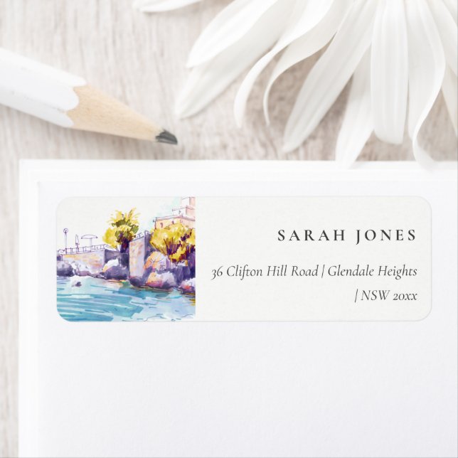 Elegant Coastal Sand Beach Rocky Seascape Address Label (Insitu)
