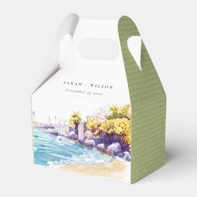 Elegant Coastal Sand Beach Rocky Seascape Wedding Favor Boxes (Front Side)