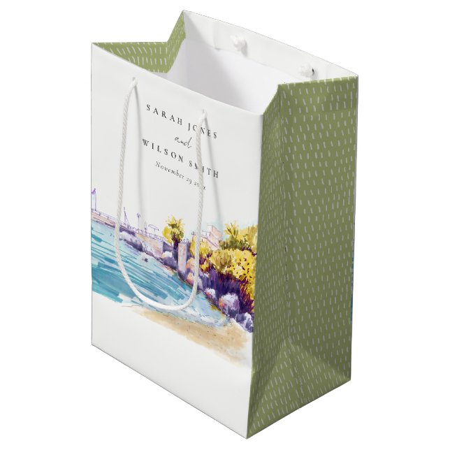 Elegant Coastal Sand Beach Rocky Seascape Wedding Medium Gift Bag (Front Angled)