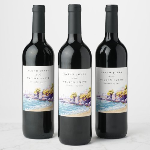 Elegant Coastal Sand Beach Rocky Seascape Wedding  Wine Label