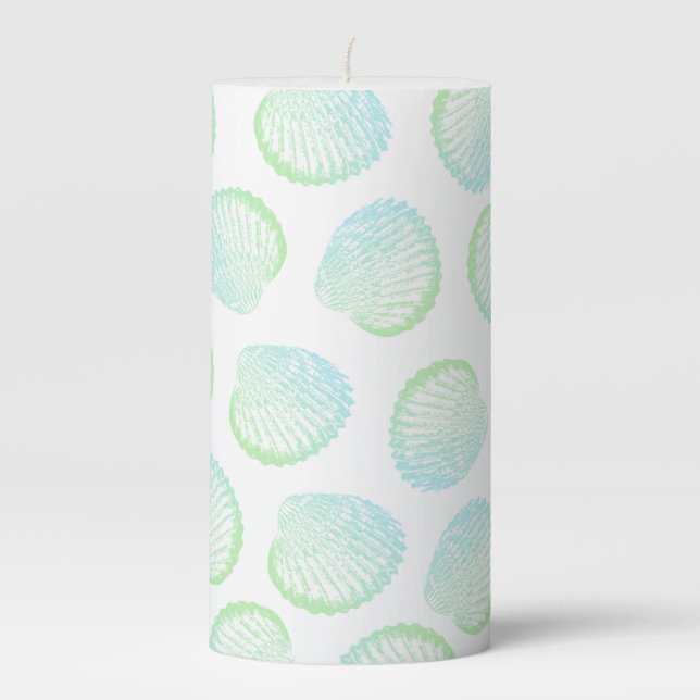 Elegant Coastal Sea Green & Blue Seashells Pillar Candle (Front)