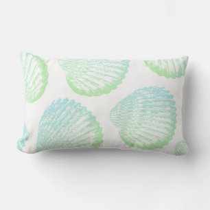 Elegant Coastal Sea Green Gradient Seashells Lumbar Pillow