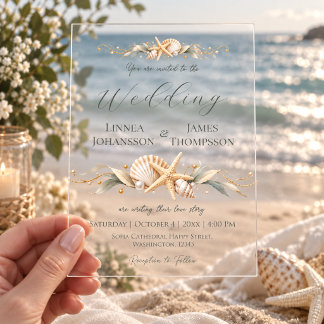 Elegant Coastal Seashell Gold Sage Modern Wedding Acrylic Invitations