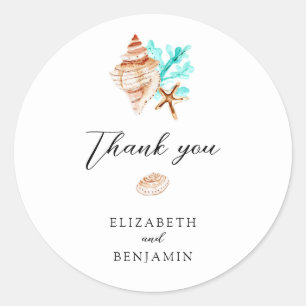 Elegant Coastal Seashell Thank you Beach Wedding Classic Round Sticker