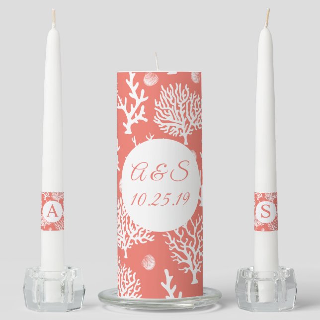 Elegant Coastal Seashells & Sea Coral Wedding Unity Candle Set (Front)