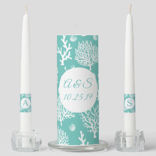 Elegant Coastal Seashells & Sea Coral Wedding Unity Candle Set