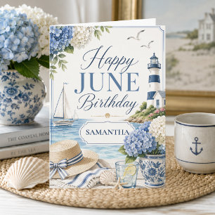 Elegant Coastal Summer Custom Name June Birthday Card