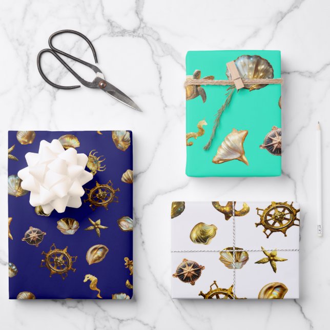 Elegant Coastal Themed Nautical Blue and White  Wrapping Paper Sheets (Front)