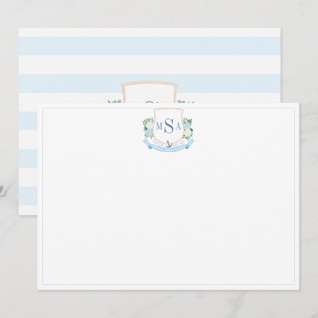 Elegant Coastal Three Letter Monogram Stationery Thank You Card (Front/Back)