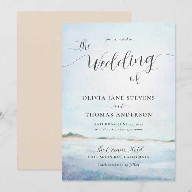Elegant Coastal Watercolor Summer Beach Wedding Invitation (Front/Back)