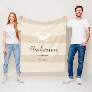 Elegant Coastal White Crab & Stripes Personalized Fleece Blanket