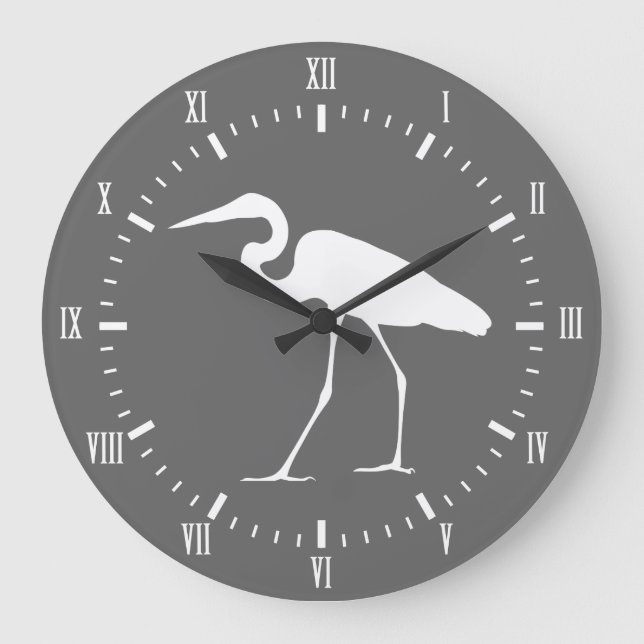 Elegant Coastal White Egret Bird & Gray Large Clock (Front)