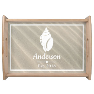 Elegant Coastal White Seashell & Beach Sand Serving Tray