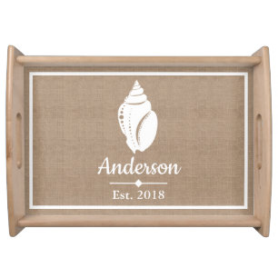 Elegant Coastal White Seashell & Faux Burlap Serving Tray