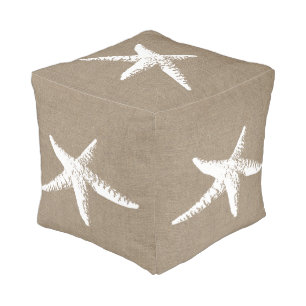Elegant Coastal White Starfish & Faux Burlap Pouf
