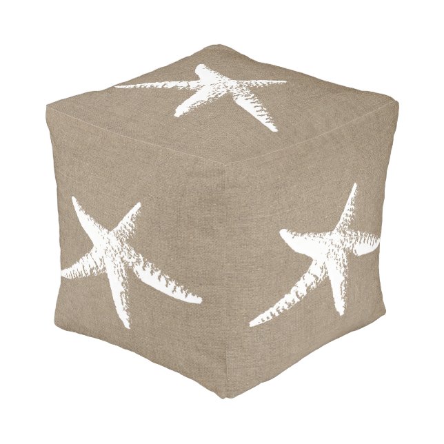 Elegant Coastal White Starfish & Faux Burlap Pouf (Angled Front)