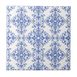Elegant Cobalt Blue and White Floral Style Damask Ceramic Tile