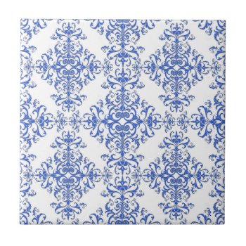 Elegant Cobalt Blue And White Floral Style Damask Ceramic Tile by MHDesignStudio at Zazzle