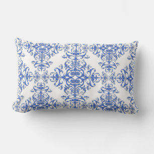Elegant Cobalt Blue and White Floral Style Damask Lumbar Pillow