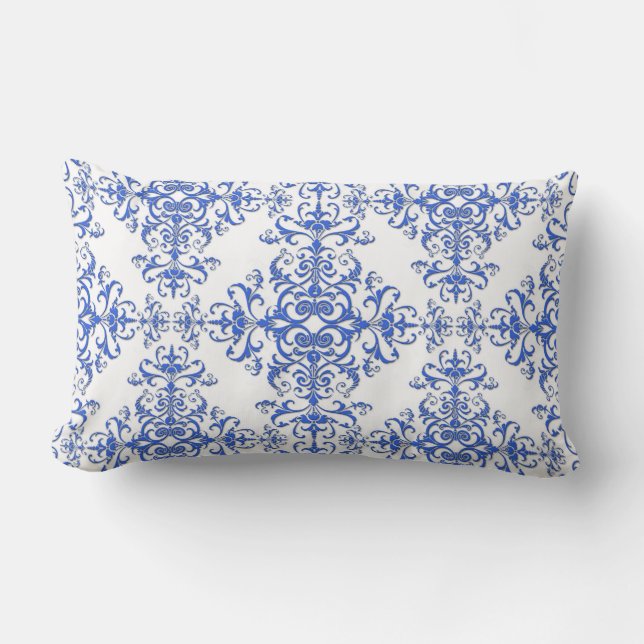 Elegant Cobalt Blue and White Floral Style Damask Lumbar Pillow (Front)