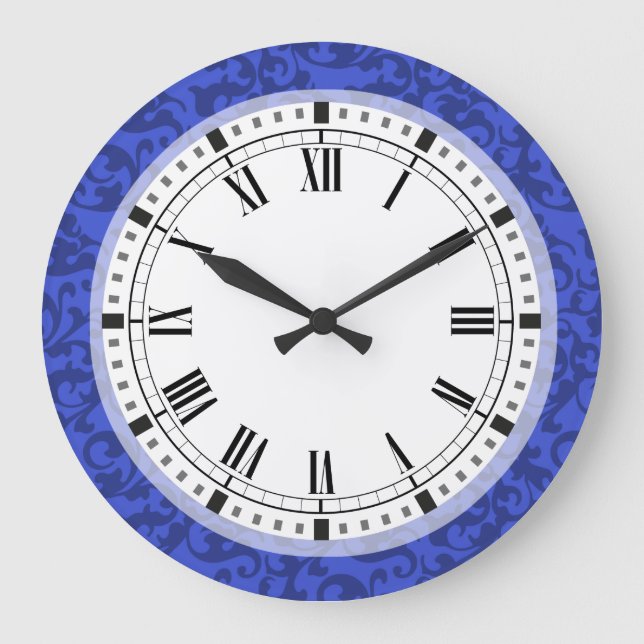 Elegant Cobalt Blue Damask Scrolls Large Clock (Front)