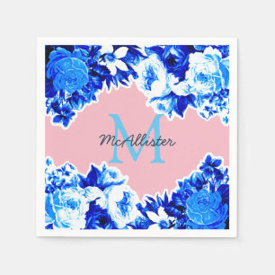 Elegant Cobalt Blue Flowers & Blush Personalized Napkins