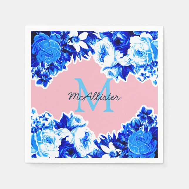 Elegant Cobalt Blue Flowers & Blush | Personalized Napkins (Front)
