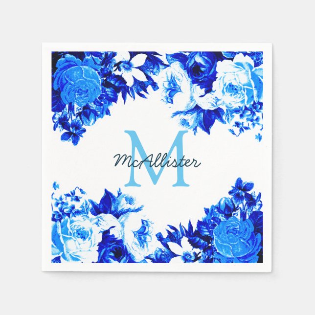 Elegant Cobalt Blue Flowers | Personalized Napkins (Front)